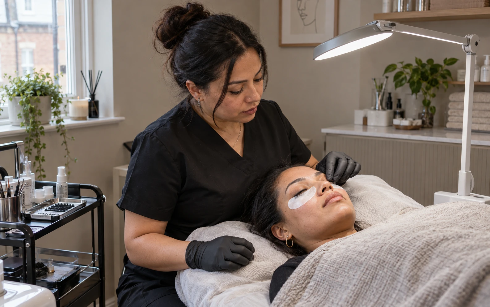 Lash-artist forbereder en klients under-øjen-pude i et lash-studie