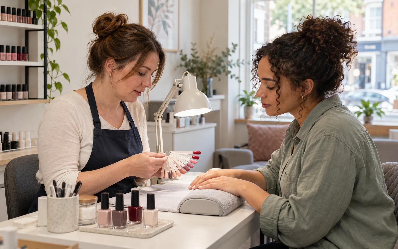 Nail technician discussing polish colours with a client at a manicure station