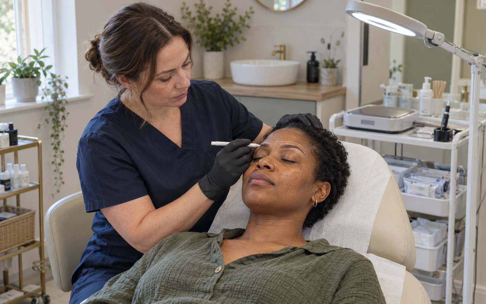 Permanent makeup-udøver, der kortlægger en klients øjenbryn før behandling