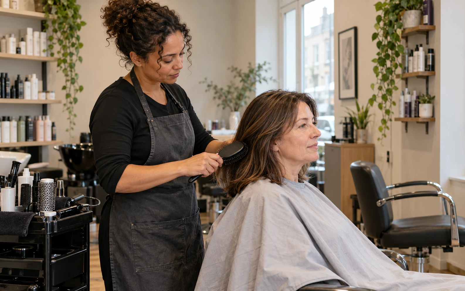 Hair stylist brushing a client’s hair in an independent salon