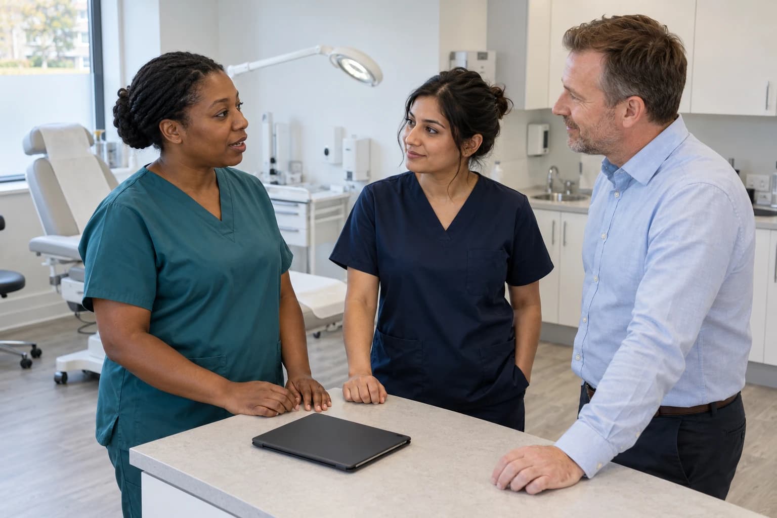 Tre klinik-kolleger, der diskuterer deres arbejdsdag i et klinisk behandlingsrum