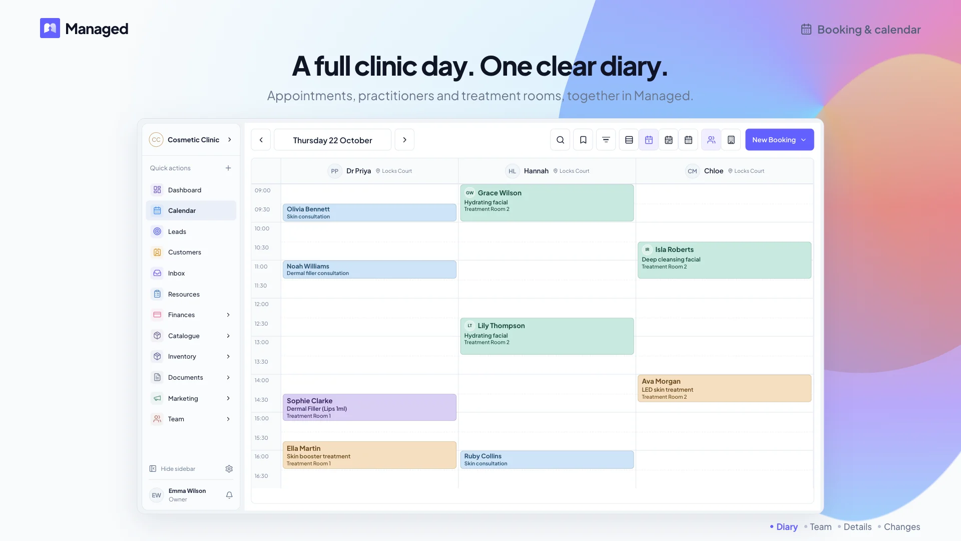 Smart scheduling calendar with appointments arranged across a team